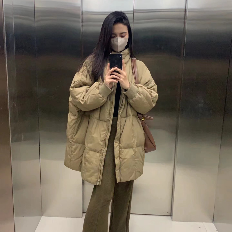 2024年新款蝙蝠袖羽绒服女中长款韩版宽松时尚立领大码白鸭绒外套