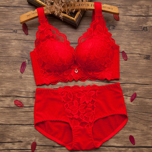 大红色内衣套装 胸罩 女结婚新娘本命年文胸小胸无钢圈加厚聚拢薄款