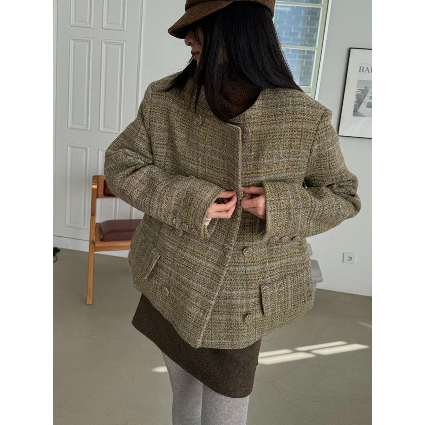 良良家英伦风格纹西装毛呢外套女冬季高级感双排扣廓形呢子大衣