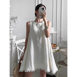 韩国chic春季 背心连衣裙短裙女 简约气质宽松休闲拼接流苏设计无袖