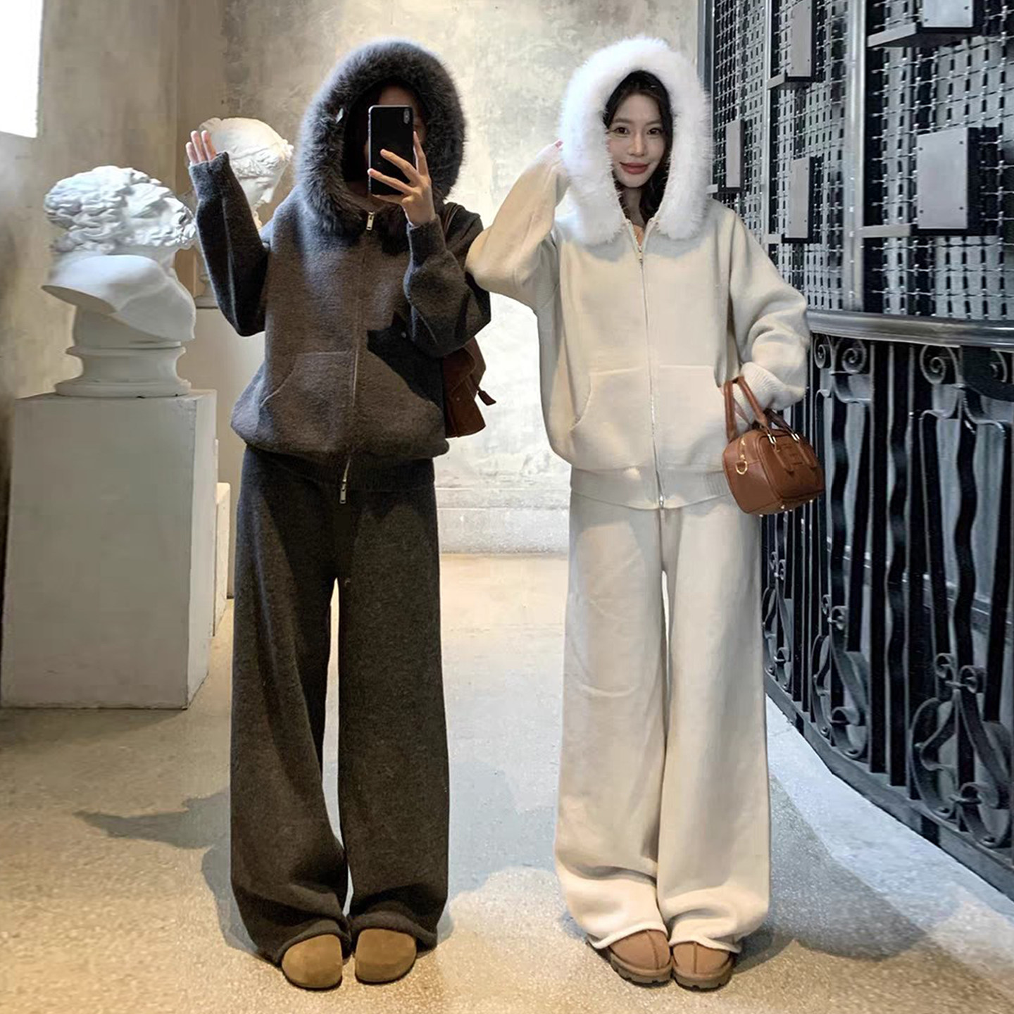 连帽毛领针织开衫毛衣女秋冬季新款高腰阔腿休闲裤长裤子两件套,女装/女士精品,时尚套装,淘宝优惠券,粉丝福利购,淘宝优惠卷