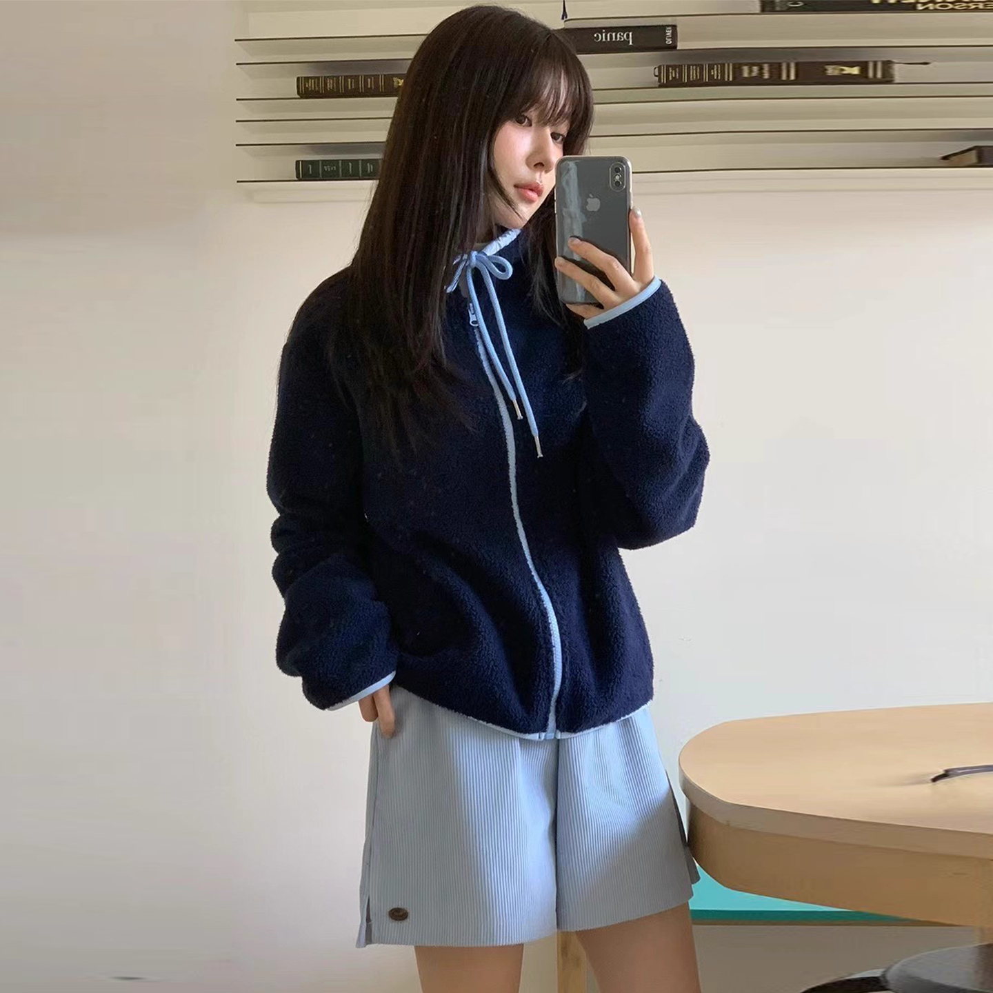 立领系带蝴蝶结拉链卫衣外套