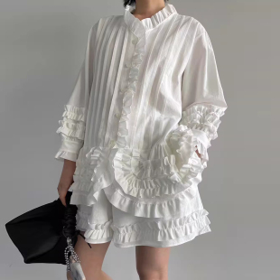 衬衫 纯色木耳边长袖 女早春季 新款 两件套 时尚 百搭高腰阔腿短裤 套装