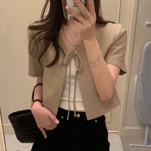 高级感西装短款系带开衫外套女