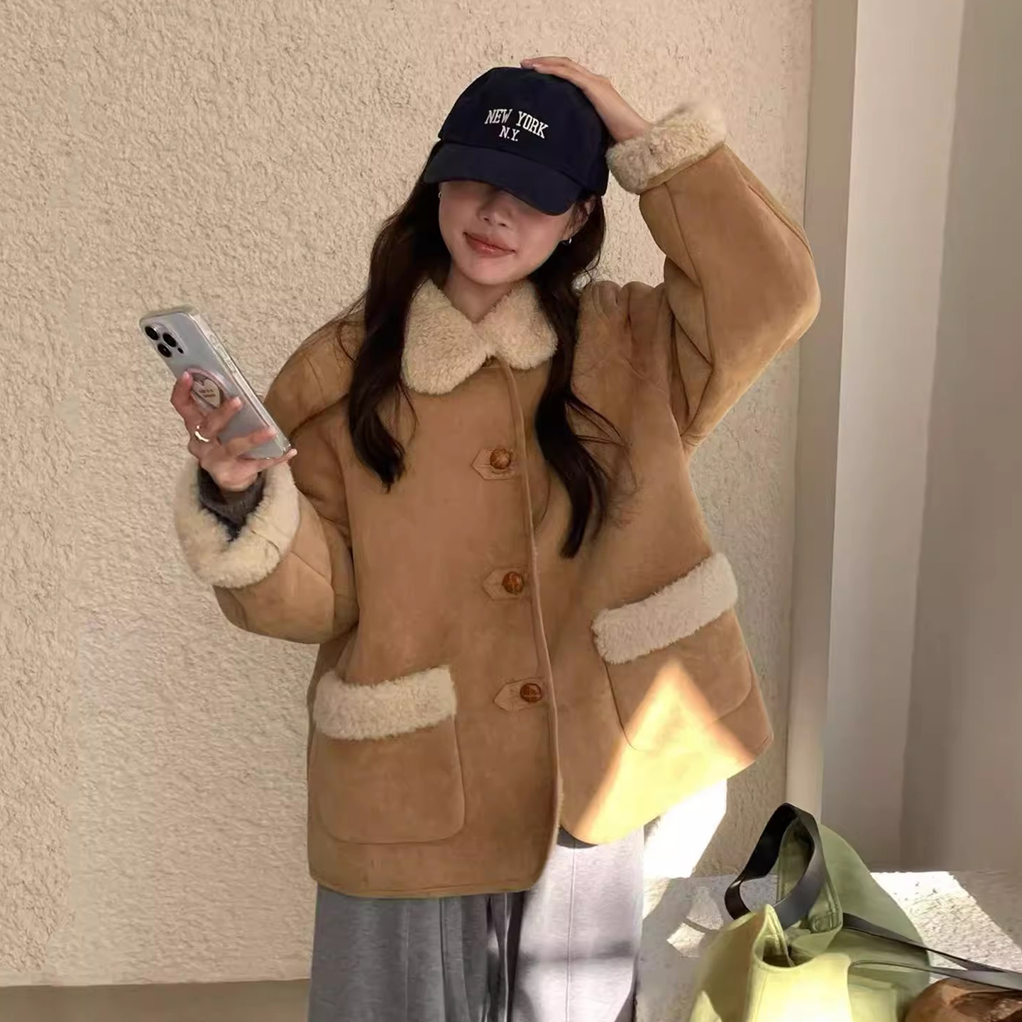 复古单排扣拼接皮毛一体棉服外套