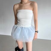 小性感一字领修身 韩国chic夏季 法式 拼接网纱裙摆打底抹胸背心上衣