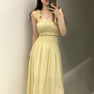 褶皱修身 韩国chic夏季 短款 套装 吊带背心休闲百搭高腰半身裙女 时尚