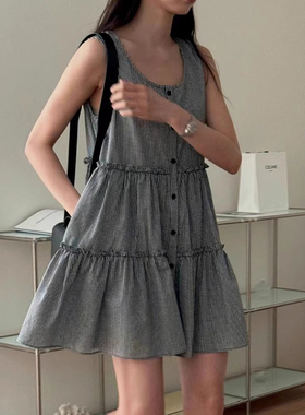 良良家木耳边层次感格子连衣裙女夏季新款复古气质宽松A字短裙子