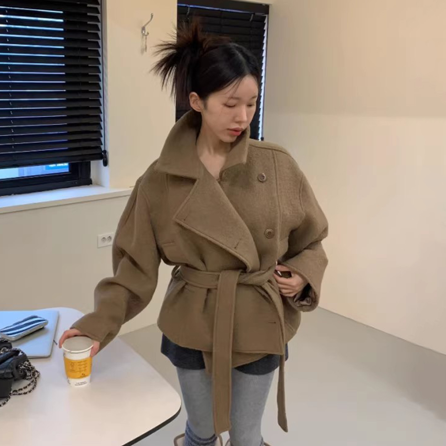 复古绑带收腰百搭短款呢子外套