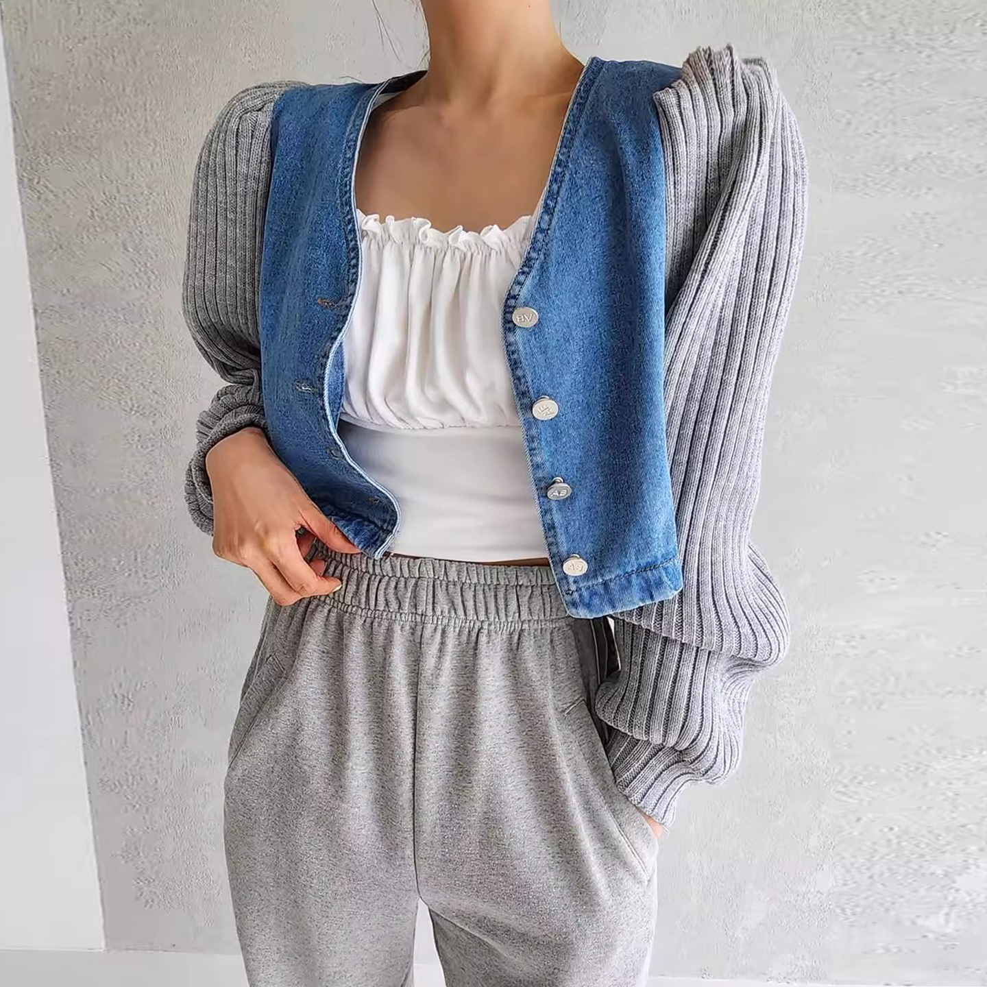 撞色拼接针织长袖短款牛仔外套