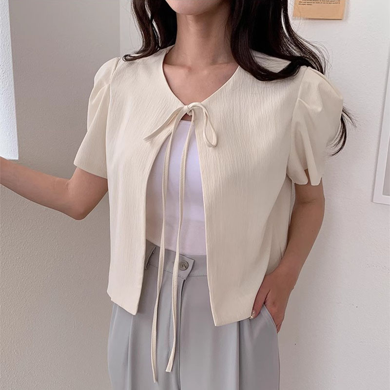 韩国chic夏季新款减龄气质蝴蝶结系带设计感宽松短款泡泡袖外套女