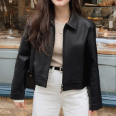 韩国chic秋季 皮衣外套 复古帅气翻领双开拉链PU皮设计宽松百搭长袖