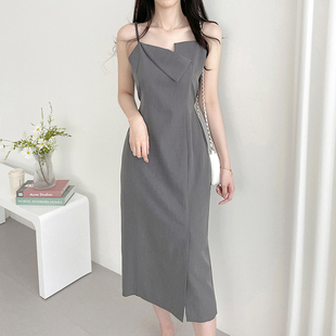 气质一字领不规则翻边设计收腰显瘦吊带连衣裙女 韩系chic夏季 法式