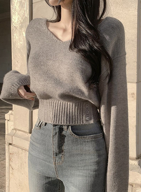 韩国chic秋季复古气质V领系扣收腰显瘦百搭长袖针织衫套头毛衣女