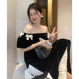 韩国chic温柔气质一字领露肩蝴蝶结装 饰收腰显瘦丝绒连衣裙女女