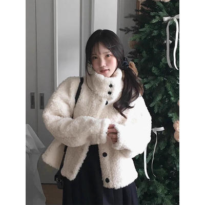 韩系学院风立领羊羔毛保暖外套女