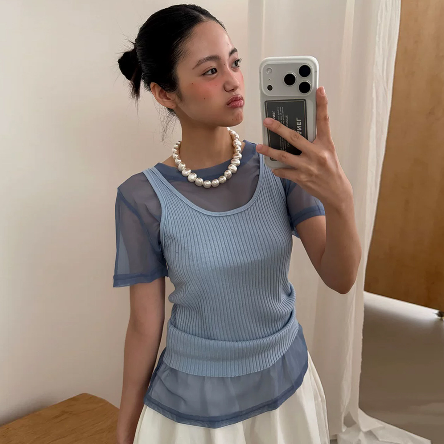 良良家时尚套装低领螺纹背心女夏季新款圆领短袖透视T恤两件套