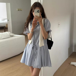 连衣裙衬衫 甜美减龄条纹翻领系带收腰短袖 百褶裙女 新款 良良家夏季