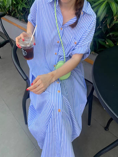 式 衬衫 条纹连衣裙 复古慵懒风翻领单排扣宽松休闲长款 韩国chic夏季