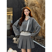新款 休闲套装 领带条纹拼接卫衣女2025秋季 高腰百褶裙半身裙两件套