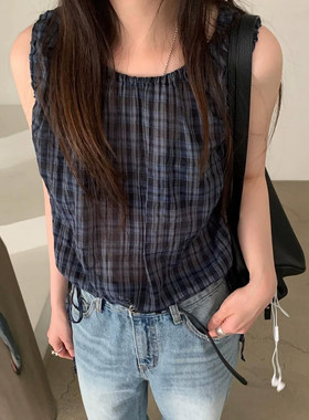 格子腰部抽绳显瘦薄款无袖衬衫女