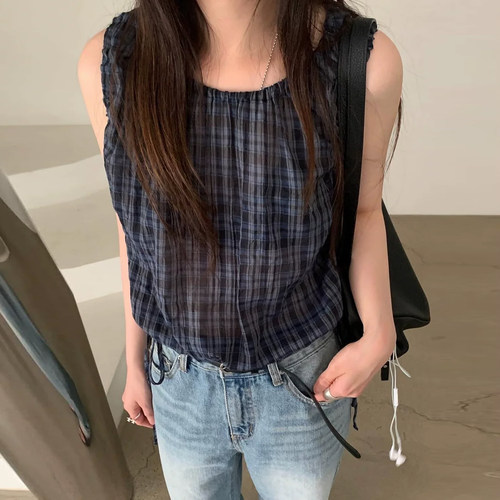 格子腰部抽绳显瘦薄款无袖衬衫女
