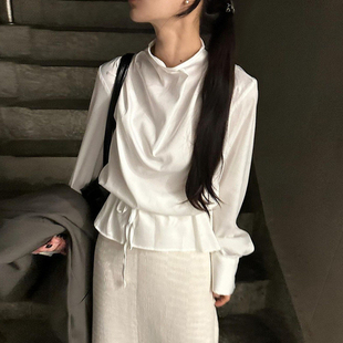 宽松百搭雪纺衫 优雅气质缎面小高领绑带收腰长袖 新款 女早春季 衬衫