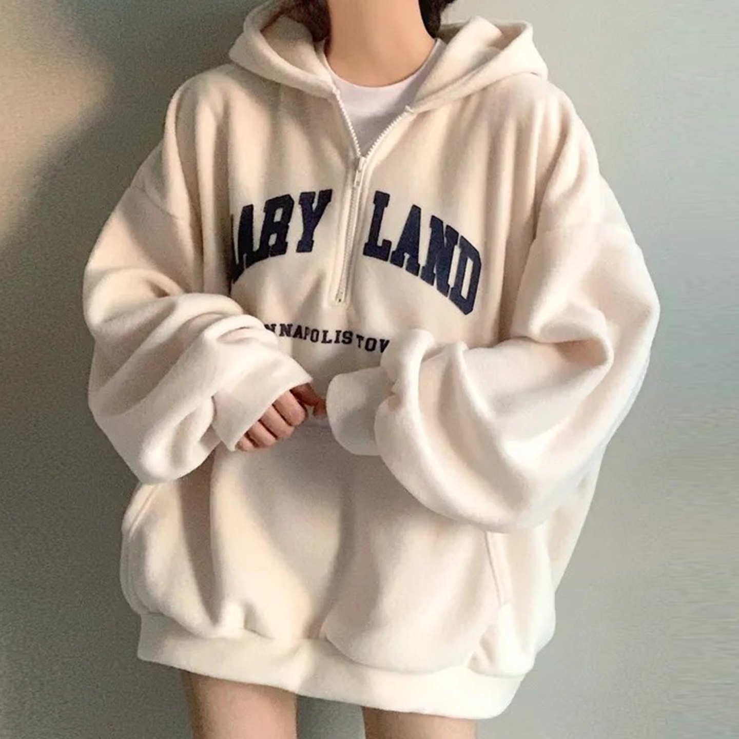 慵懒风字母印花半拉链连帽卫衣外套2025冬季新款加绒加厚口袋上衣