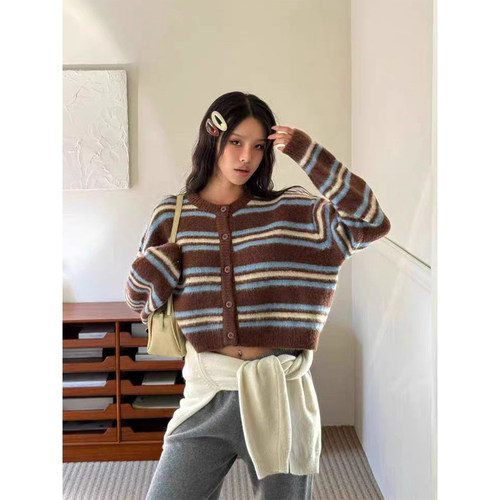 美式复古撞色条纹针织开衫毛衣女