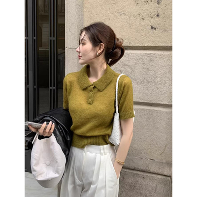 polo领软糯短袖针织衫
