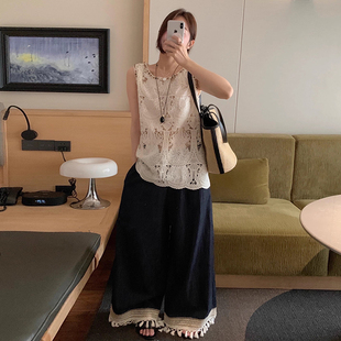 良良家设计感重工镂空钩花背心女夏季 子 新款 复古拼接流苏阔腿长裤