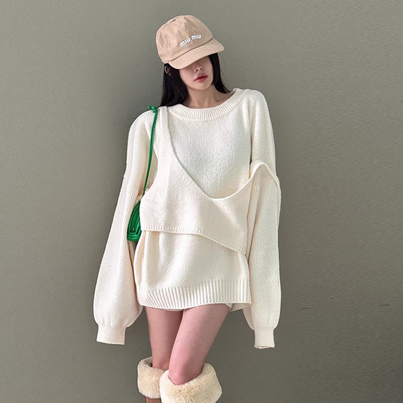 后背系带叠穿吊带软糯针织连衣裙