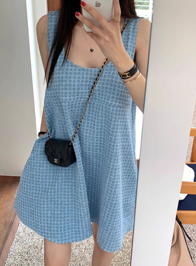 复古气质无袖背心牛仔连衣裙女夏季新款小个子宽松显瘦A字短裙子