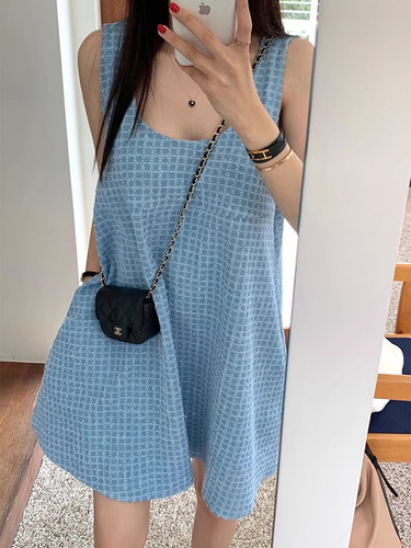复古气质无袖背心牛仔连衣裙女