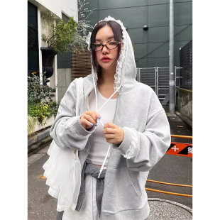 新款 百搭宽松休闲上衣 饰连帽外套女春季 良良家减龄气质蕾丝花边装