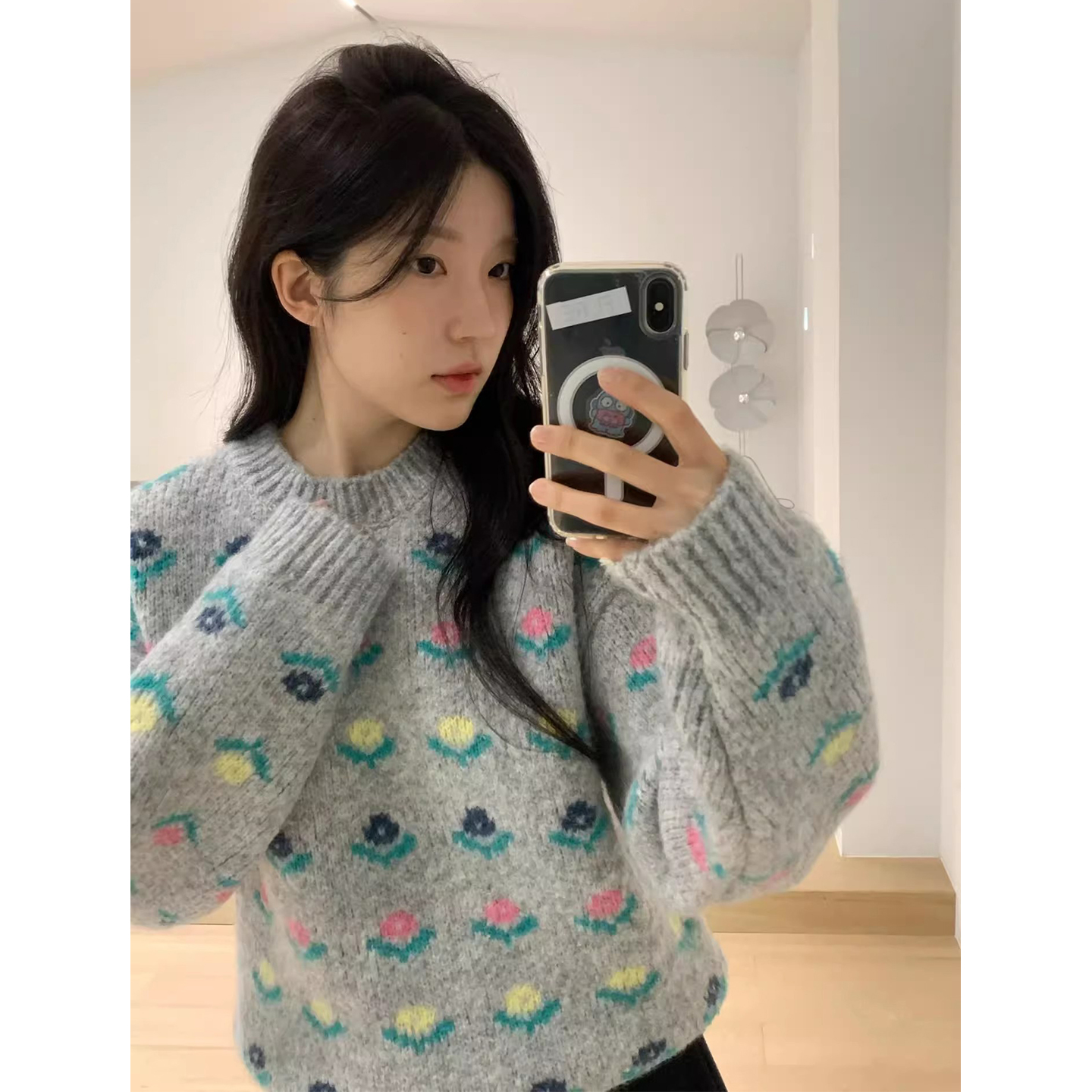 小清新撞色花朵印花套头针织毛衣