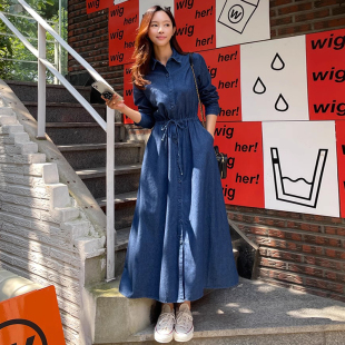 韩国chic秋季 牛仔连衣裙长裙女 复古气质翻领抽褶系带收腰显瘦长袖