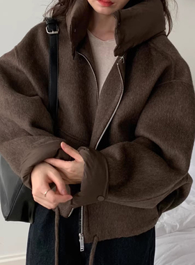 韩国chic秋冬小众设计感宽松休闲百搭可拆卸拼接连帽毛呢短外套女