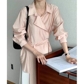 纯色衬衫 气质翻领单排扣系带收腰百搭长袖 上衣女 法式 韩国chic秋季