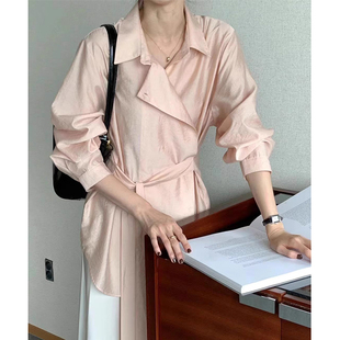纯色衬衫 气质翻领单排扣系带收腰百搭长袖 上衣女 法式 韩国chic秋季