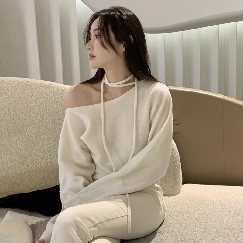 露肩宽松休闲百搭系带长袖毛衣