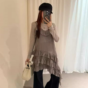 良良家 夏季新款法式不规则下摆多层荷叶边V领吊带连衣裙短裙女