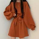 连衣裙配腰带 短款 韩国chic秋季 小众慵懒风圆领系带收腰显瘦灯笼袖