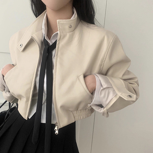 长袖 小众设计感立领PU皮衣宽松短款 机车服外套女 新款 韩国chic秋季