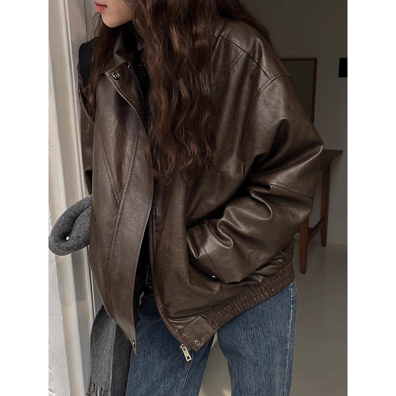 韩国chic秋季复古帅气翻领拉链小众百搭长袖PU皮衣机车服短外套女