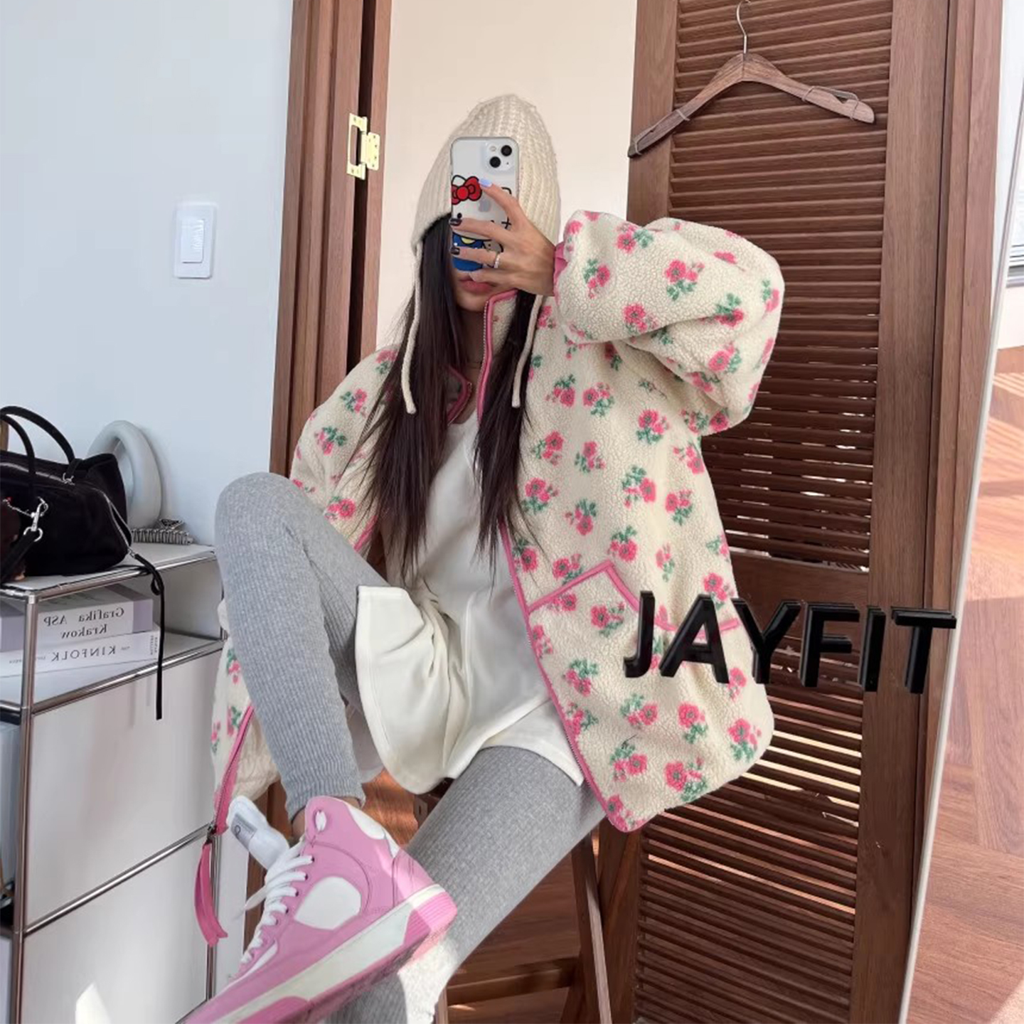 复古提花包边羊羔毛短外套女