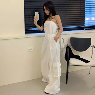 春季 阔腿长裤 新款 风抹胸吊带露背抽绳收腰连衣裤 女 工装 良良家