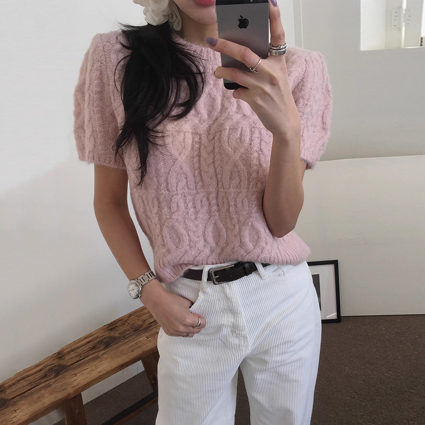 甜美风麻花纹软糯百搭短袖毛衣女2025冬季新款纯色打底针织衫上衣