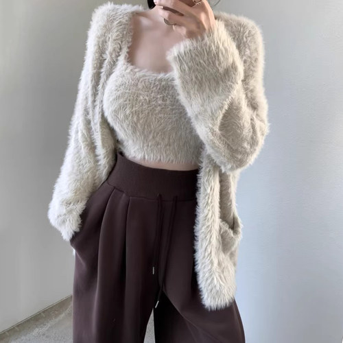 马海毛抹胸背心毛绒绒开衫外套