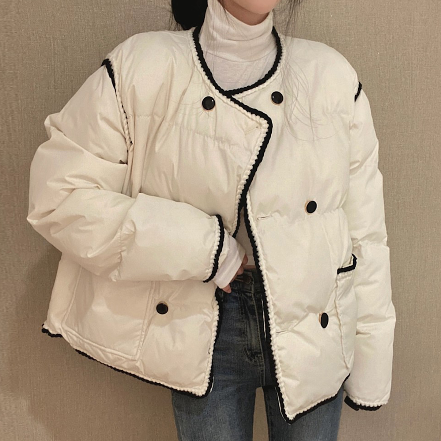 小香风撞色编织花边双排扣棉服外套女2025冬季新款双口袋保暖上衣